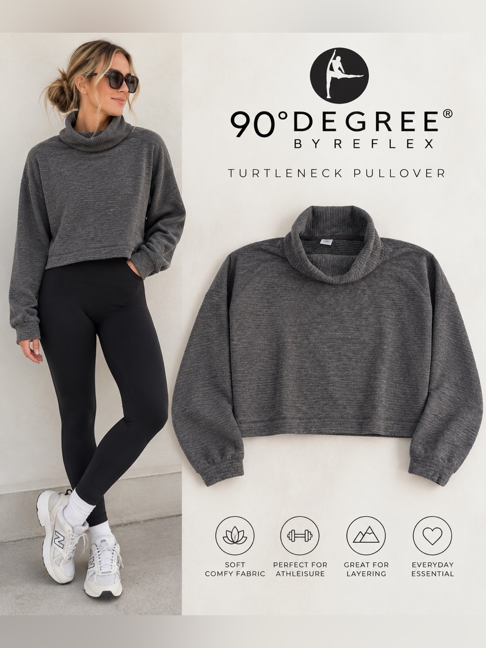 90 Degree by Reflex Gray Ribbed Cropped Turtleneck Pullover Women's L